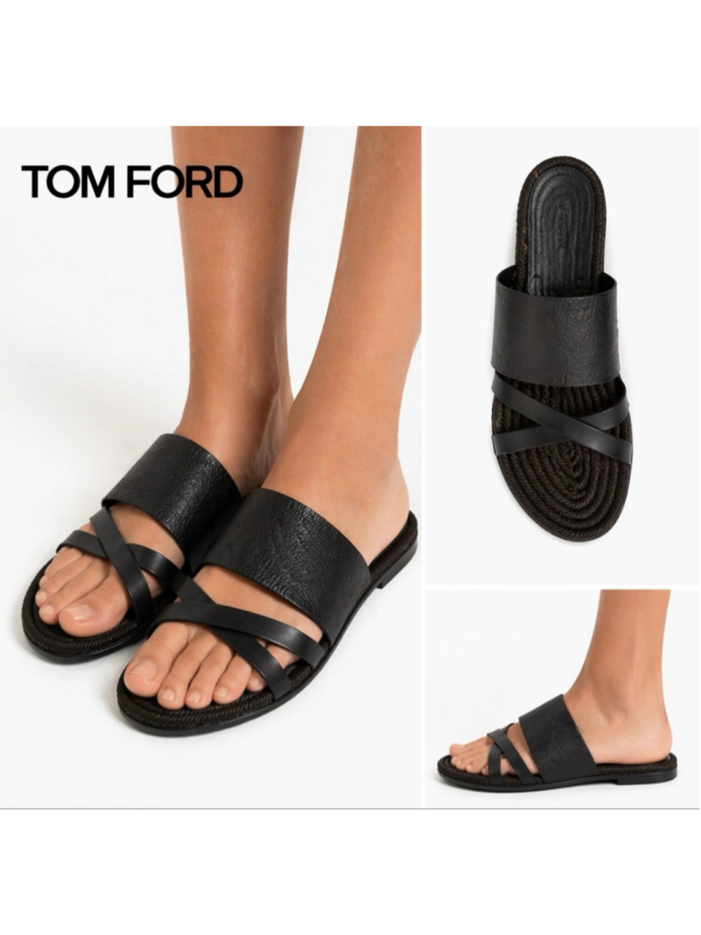 Women's TOM FORD Black Leather Flat Sandals 10